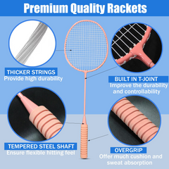 Badminton Rackets Set of 5 for Outdoor Backyard Games, Including 4 Racquets,4 Shuttlecocks, 4 Replacement Grip Tapes,1 Badminton net & 1 Carry Bag