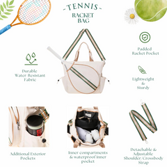 Tennis Bag Tennis Racket Tote for Women & Men Unisex - Sports Racquet Pickleball, Badminton, Squash Case Convertible Shoulder/Crossbody Strap Stylish Design, Large Compartment